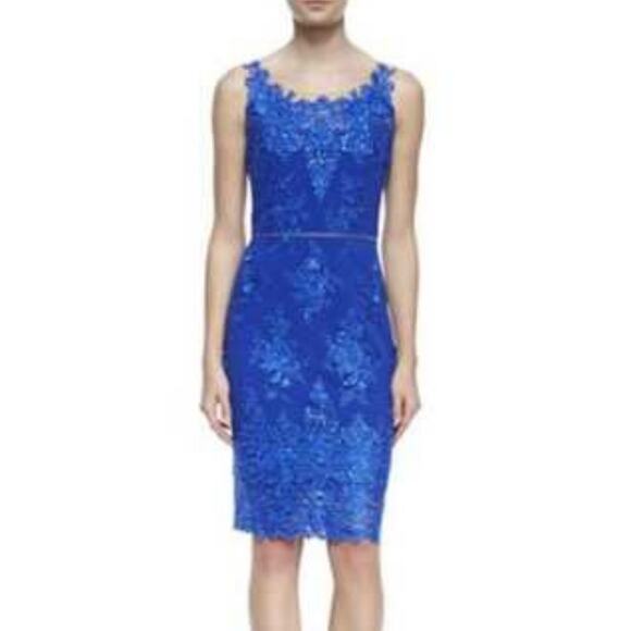 Marchesa Notte Royal Blue Floral Lace Illusion Neckline Cocktail - Main Image